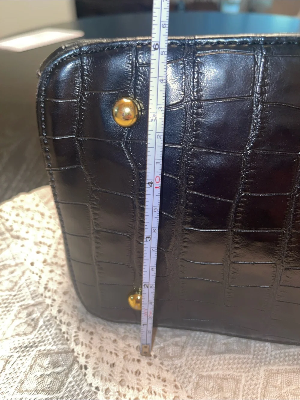 Adrienne Vittadini Black           Croc-Embossed Leather Tote Bag / Red Trim